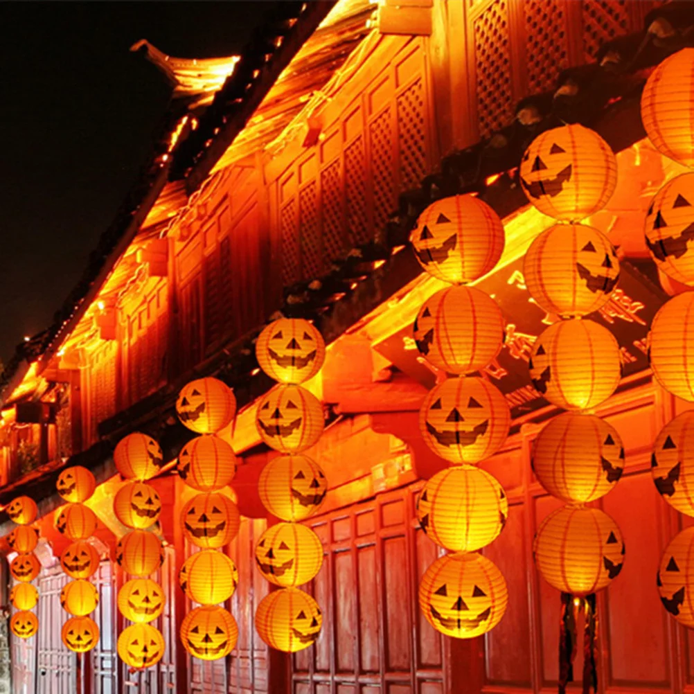 1 conjunto de decorações para festa de Halloween, estampas penduradas, lanterna redonda, adereços de cena, padrão de abóbora, lanternas com borla (1