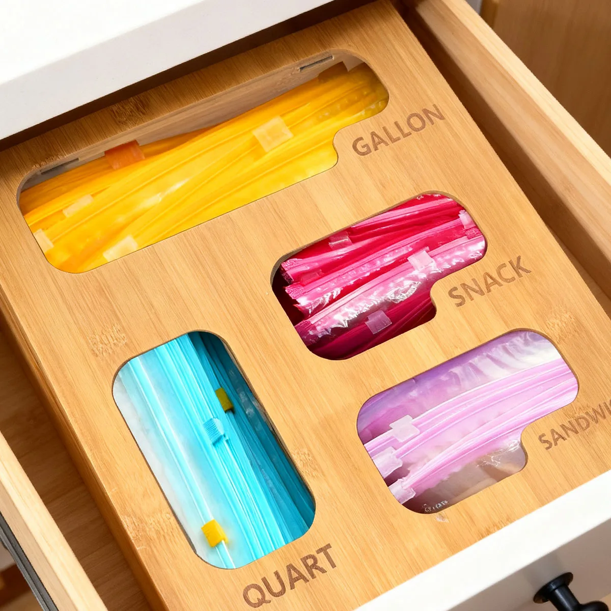 

Бамбуковая коробка-органайзер для кухонного ящика — держатель для сумок с 4 отделениями для сумок на галлон/квартовый/закуска/сэндвич (набор из 1 предмета)