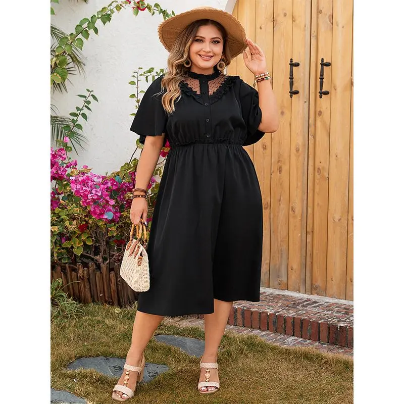 Ele Bla Koronkowa ażurowa sukienka midi z dekoltem w serek dla kobiet, jednolita, elegancka, rękaw do połowy ramienia, poliester