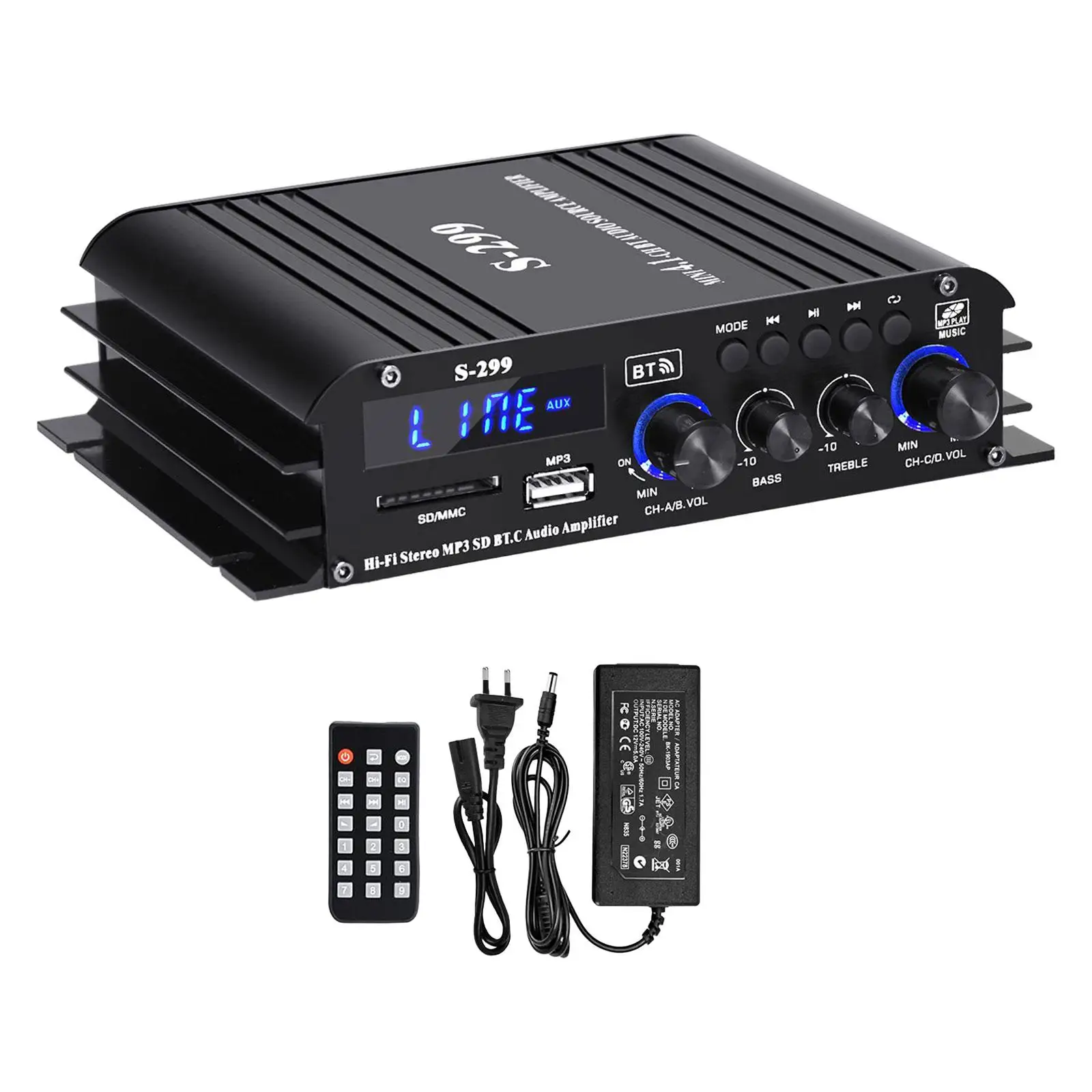 Audio Power Amplifier for Car Home Bar Party Portable USB AUX BT SD 4.1 Channel HiFi Stereo Amp MP3 Volume Adjustment 40wx4