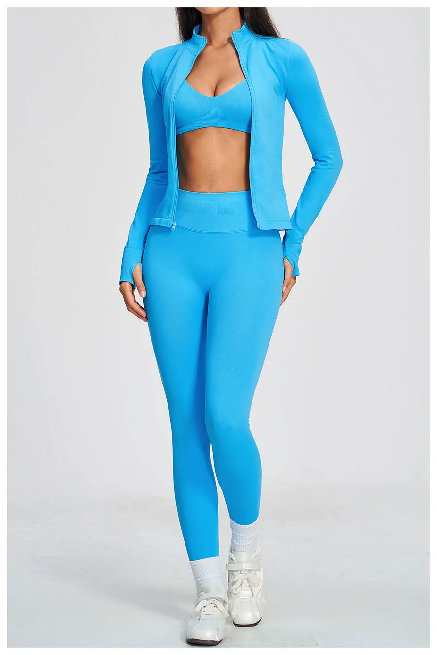 Nahtloses Yoga-Set 3-teilig, Sportbekleidung für Damen, Langarm-Trainingsanzug, Fitness-Set, Sport-BH, Leggings, Sportanzug – Detail 9