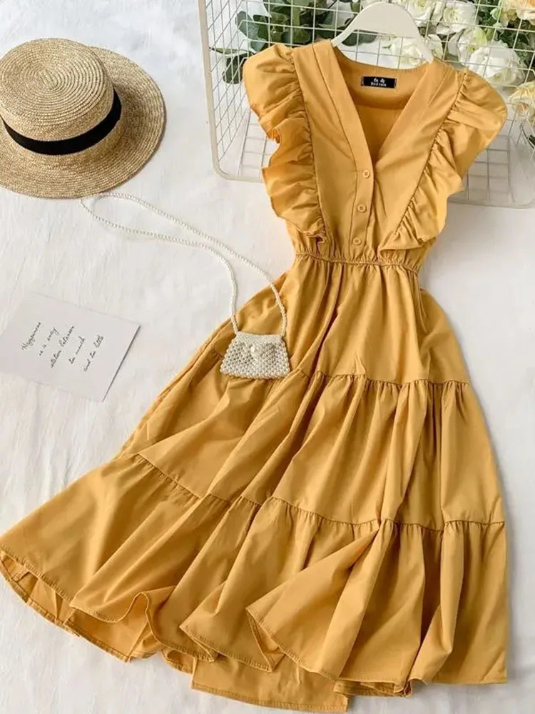 JMPRS Elegant Women Midi Dress Fashion Summer Button A Line Sleeveless Ruffles Button High Waist Female Beach Vestidos New