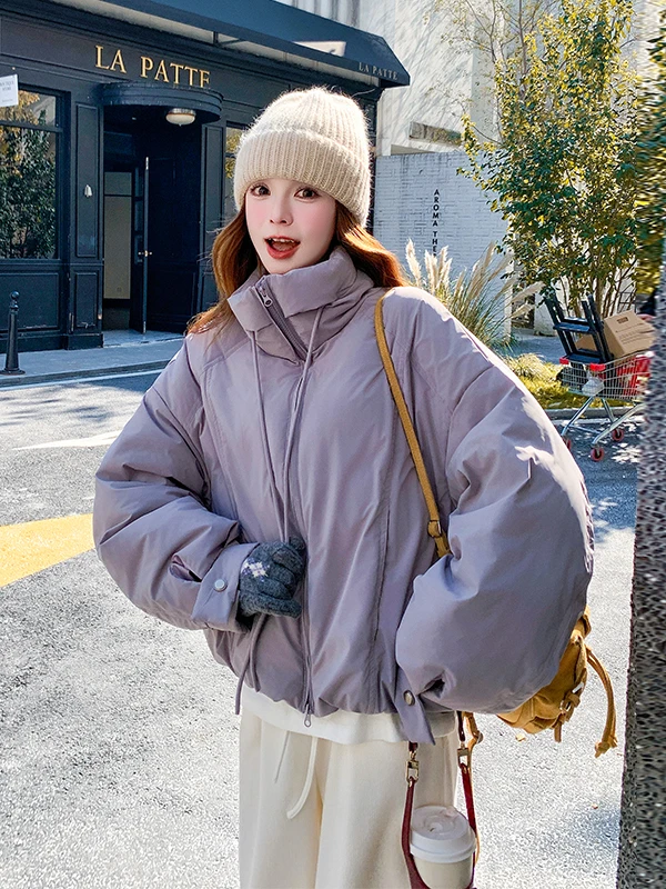 멋진 퍼플 디스트링 스탠드 칼라 여성용 다운 재킷 겨울 따뜻한 외투 캐주얼 루즈핏 폴리에스터 섬유