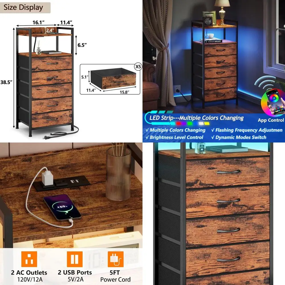 

Комплект мебели для спальни в деревенском коричневом стиле: комод с 5 ящиками, высокая тумбочка со светодиодной подсветкой и зарядкой через USB, небольшая прикроватная тумбочка, ткань