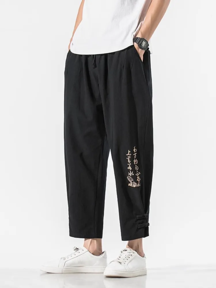 

Новые китайские мужские летние тонкие дышащие льняные брюки-фонарики на пуговицах из хлопка и льна, свободные, прямого кроя, повседневные