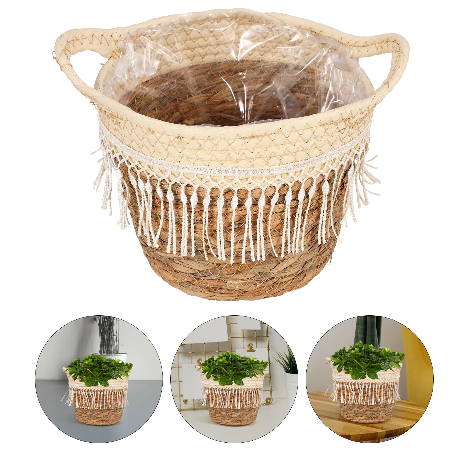 

Woven Plant Pot Basket with Tassel Handmade Small Flower Storage Liner Decorative Indoor Outdoor Garden Home Décor