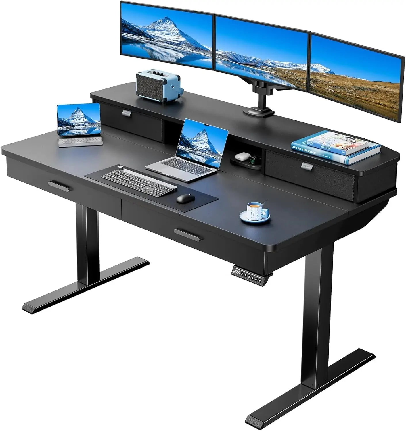 Standing Desk 4 Drawers 55x30 Deep Desktop Cable Tray Monitor Mount 27.9-46.8 Inch Height Adjustable Home Office Customized