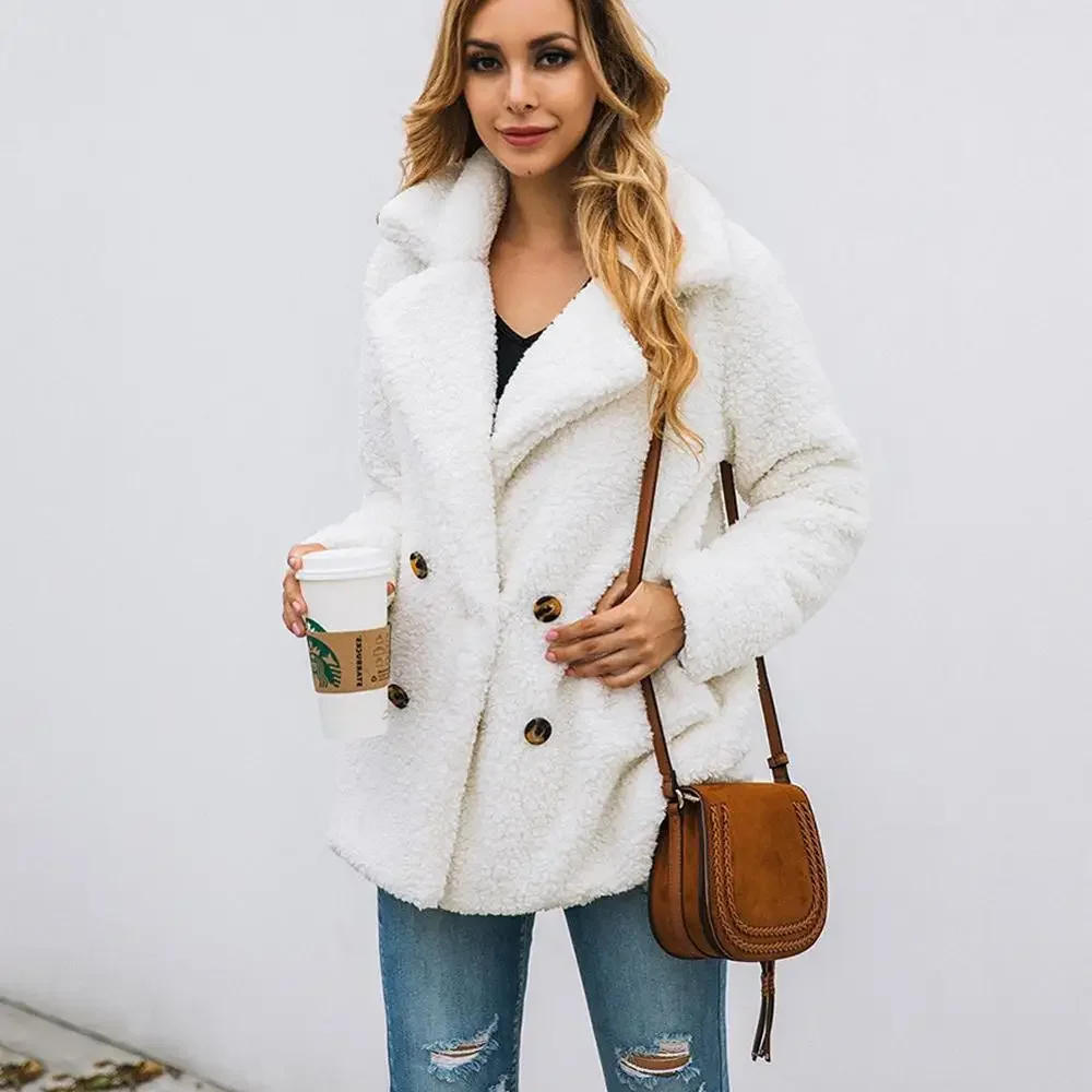 Double-Breasted Teddy Jacket for Women, Sheepskin Coat, Fur Coat, Turndown-Collar, Loose Plush Coat, Autumn and Winter