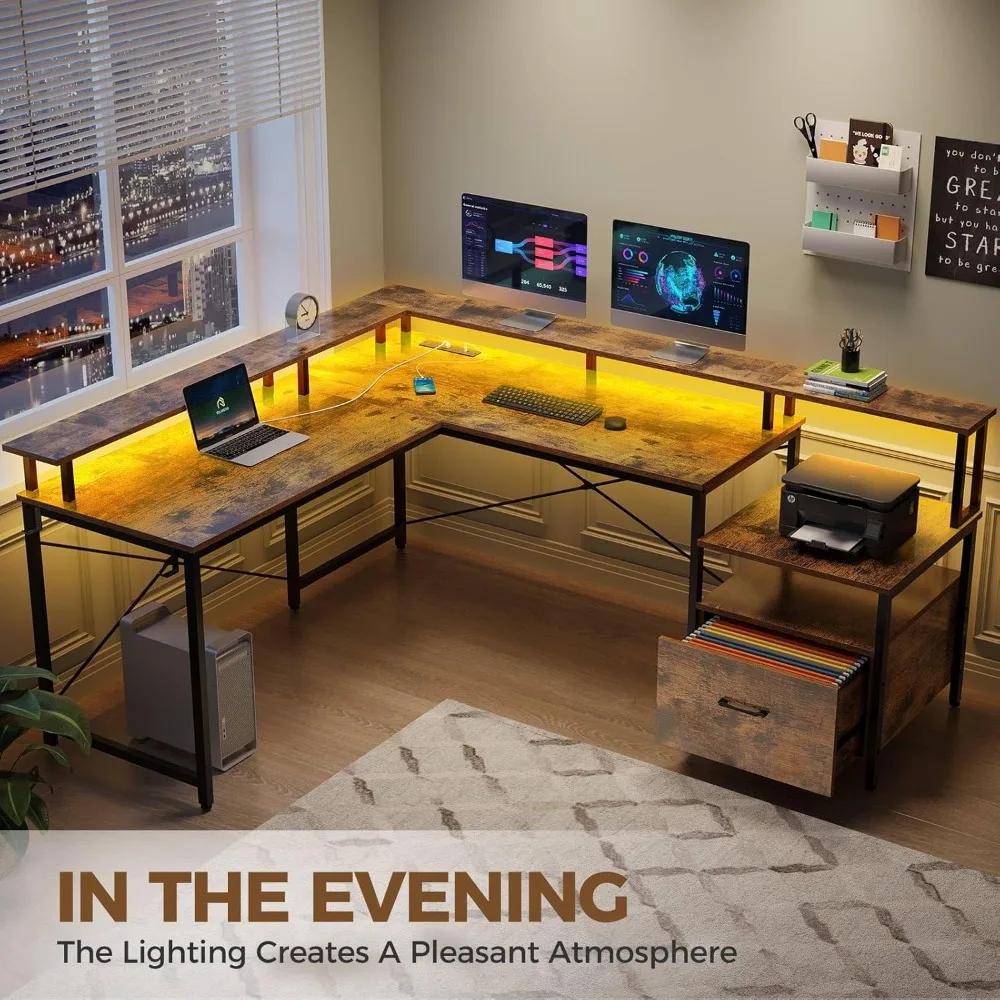 مكتب ألعاب ركن Rolanstar مع أدراج، مكتب قابل للعكس 64 مع مخرج طاقة وإضاءة LED، يتضمن خزانة ملفات #6