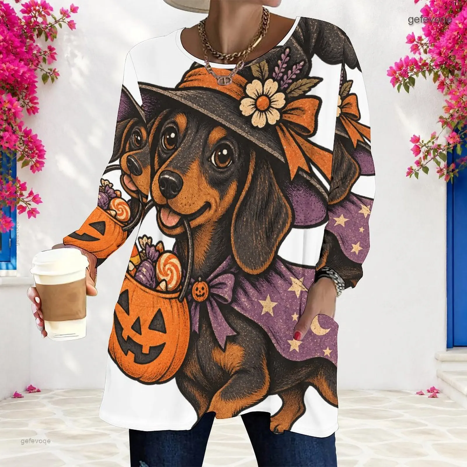 Women Long Sleeve Top, Printed Cute Halloween Dachshund Witch Pumpkin Pattern Loose Tunic with Pockets