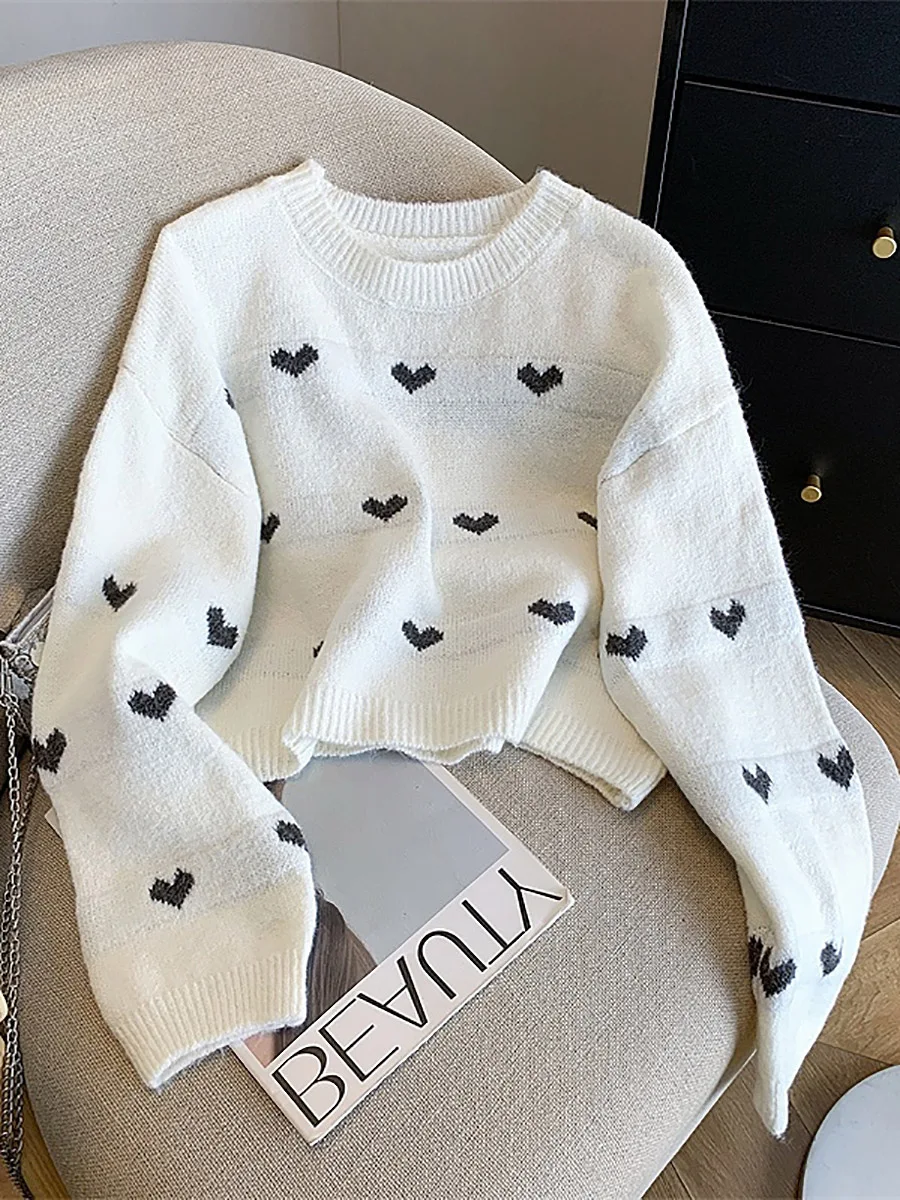 

Свитер с принтом сердца для женщин, осень-зима, новый корейский стиль, повседневный свободный пуловер с круглым вырезом, нежный стиль, трикотажные топы с длинными рукавами