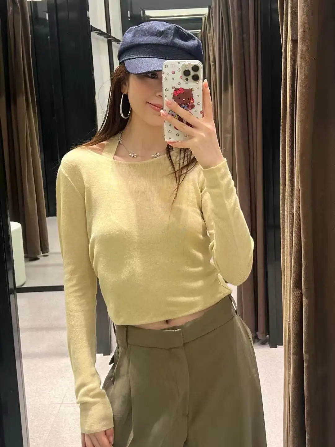 Słodki, długi, okrągły dekolt, dzianinowy top, jednolity kolor, modny, damski, nowość na jesień 2025, włókno poliestrowe, luźny krój.