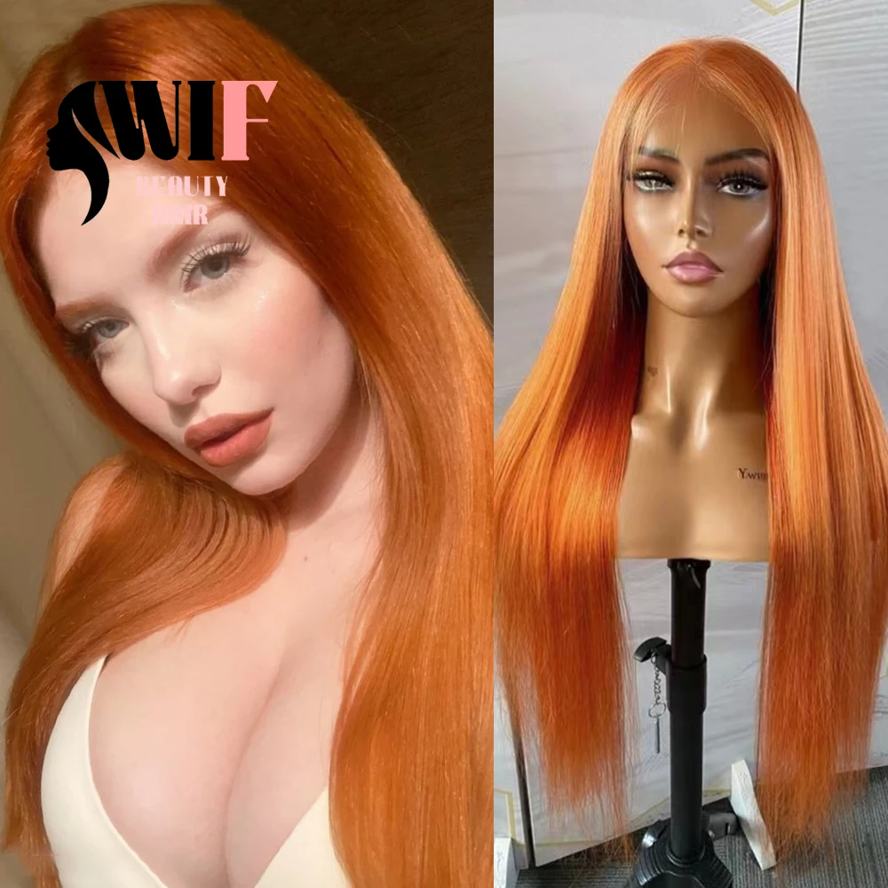 WIF Orange Straight Synthetic Wig Middle Part Bright Orange Color Lace Front Wigs Heat Resistant Makeup Cosplay Straight Hair