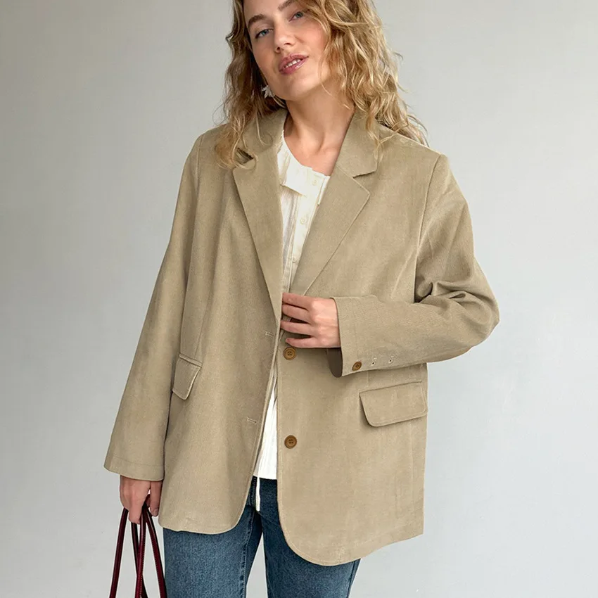 

Old Money Auutmn Women's Woolen Jacket Solid Lapel Collar Button Pockets Female's Outwear Instagram-Style Casual Coat For Lady