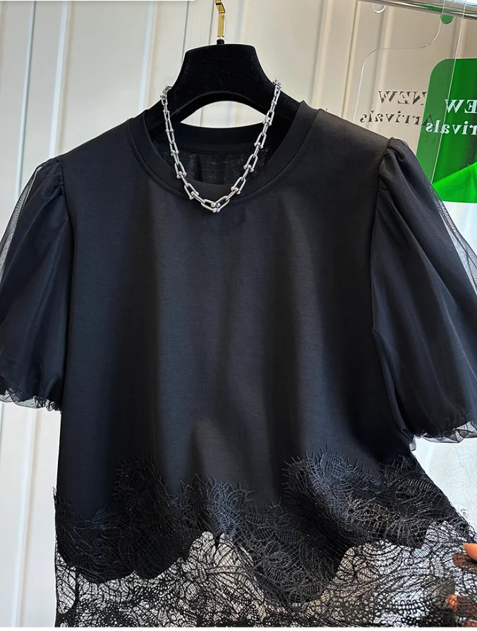 2024 Summer New Irregular Patchwork Lace T-shirts Women\'s O-Neck Puff Sleeves Loose Versatile Casual Tees Oversized T Shirt Tops