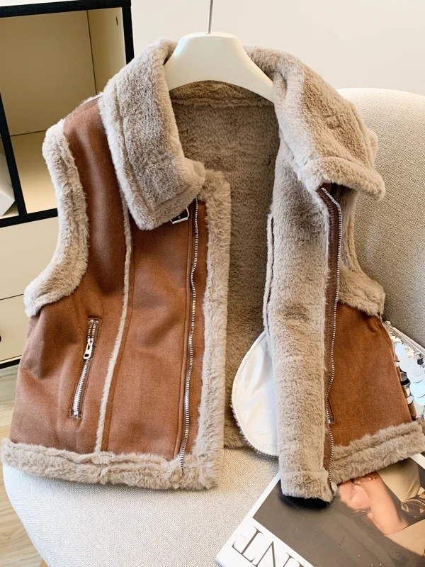 

Women's Thiened Suede Lamb Velvet Zipper Jaet Autumn Winter New Sle Warm Outerwear Vest Faionable Casual Coat