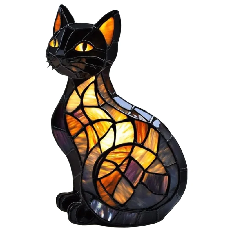 ABKP-Retro Stained Glass Cat Lamp 3D Stained Resin Cute Tabletop Pet Led Table Light Home Bedroom High Quality