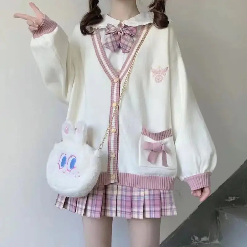 NewJapanese Embroidery Rabbit Cardigan Women Loose Bowknot Pocket Oversized Patchwork Knitted Sweater Jacket Mujer 2022 Autumn