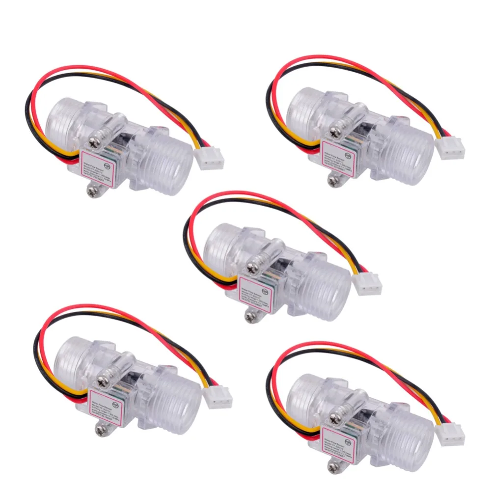 

RCmall 5Pcs YF-S201C G1/2" Water Flow Sensor Meter Fluid Hall Sensor Flowmeter Counter 1-30L/min Transparent