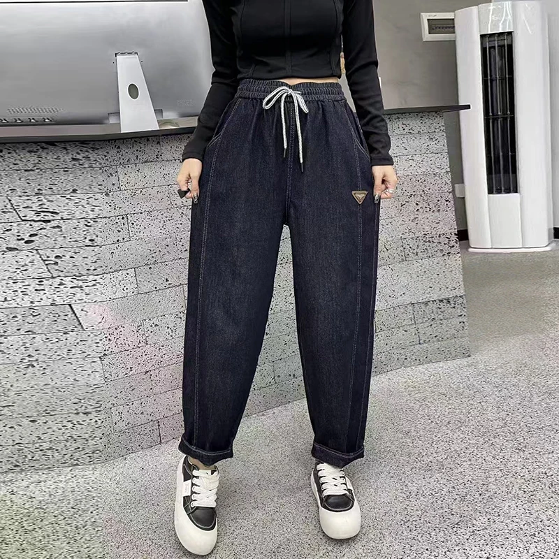 

Эластичные синие джинсы в стиле ретро, женские свободные утягивающие шаровары, осеннее новое поступление, длинные хлопковые джинсовые брюки с высокой талией