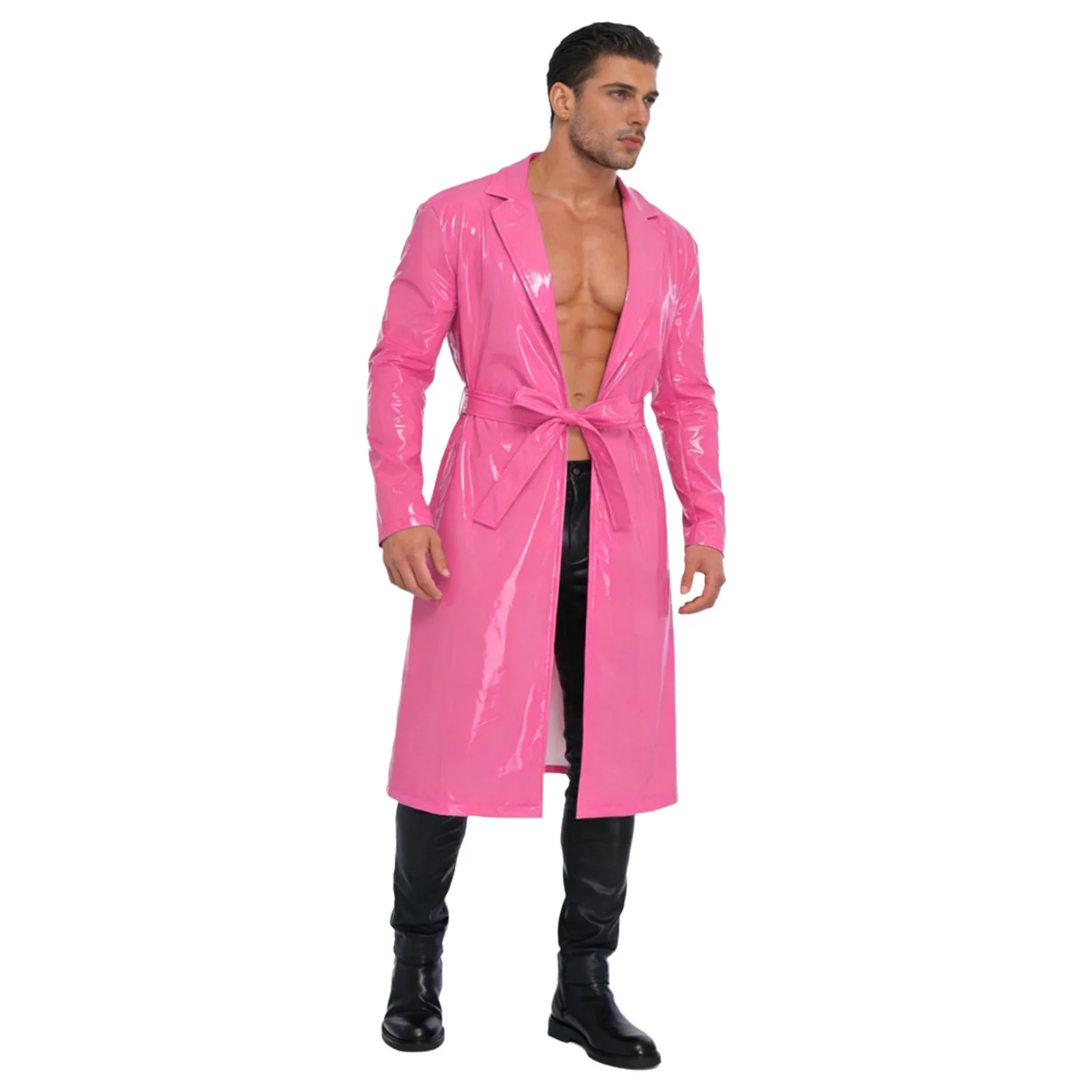 

Мужской глянцевый длинный плащ-блейзер с отложным воротником из искусственной кожи, глянцевый, с открытым передом, длинные куртки с поясом для повседневной носки, уличной моды и отдыха