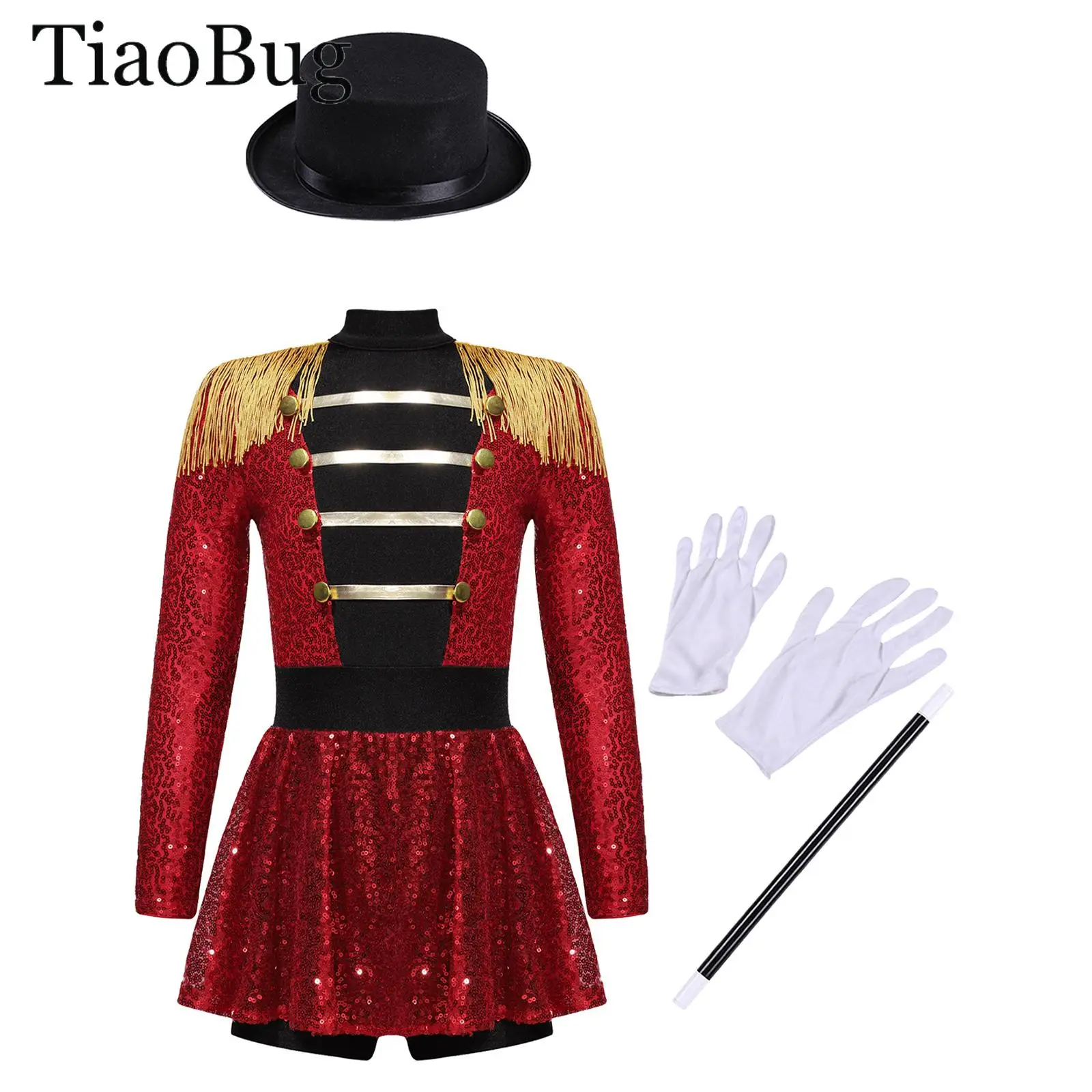 

Girls Circus Ringmaster Costume Long Sleeve Tassel Sequin Leotard Bodysuit +Hat Magician Dress Up Halloween Lion Tamer Cosplay
