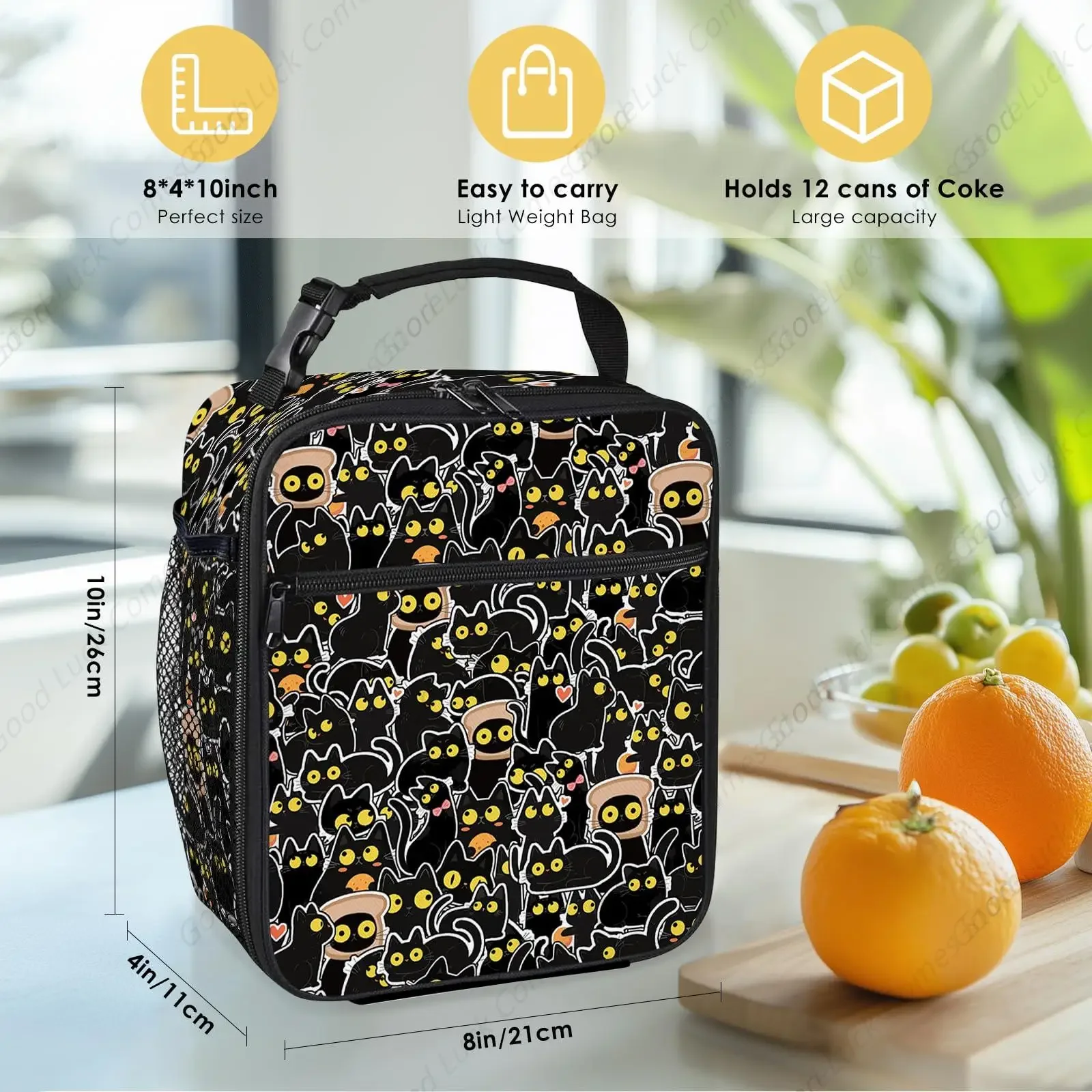 Black Cat Lunch Box for Women Men, Insulated Lunch Bag for Women, Thermal Lunchbox for Woman, Cooler Lunches Tote Bag for Woman