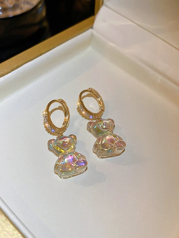 Cute Bear Earrings For Women Shiny Zircon Earrings 2024 New Trendy Golden Copper Drop Earring Party Wedding Jewelry Girls Gifts image 5