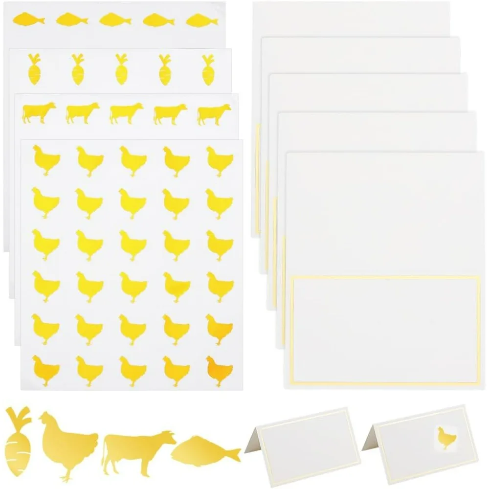 240pcs 4 Styles Gold Meal Stickers 1 Inch with 60pcs Table Place Cards Food Choice Sticker Set Cow/Chicken/Fish/Carrot Wedding