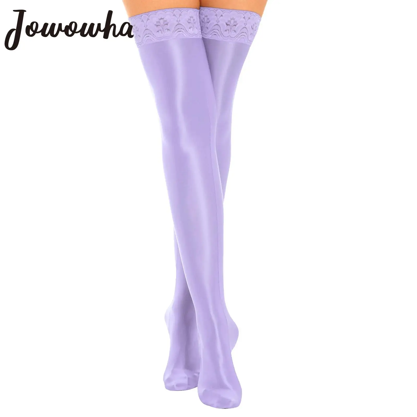 Women's Glossy Smooth Tights Stockings Solid Color Thigh High Socks Anti-skid Lace Trim Hosiery Nightclub Costume Accessories