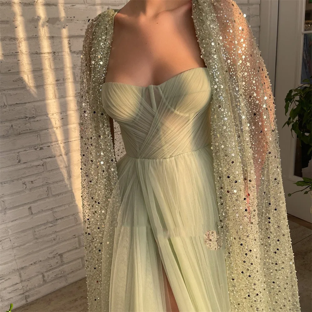 

Green A-Line Prom Dress with Glitter Sequin Lace Cape Sweetheart High Slit Long Evening Formal Party Dress Sexy Gorgeous