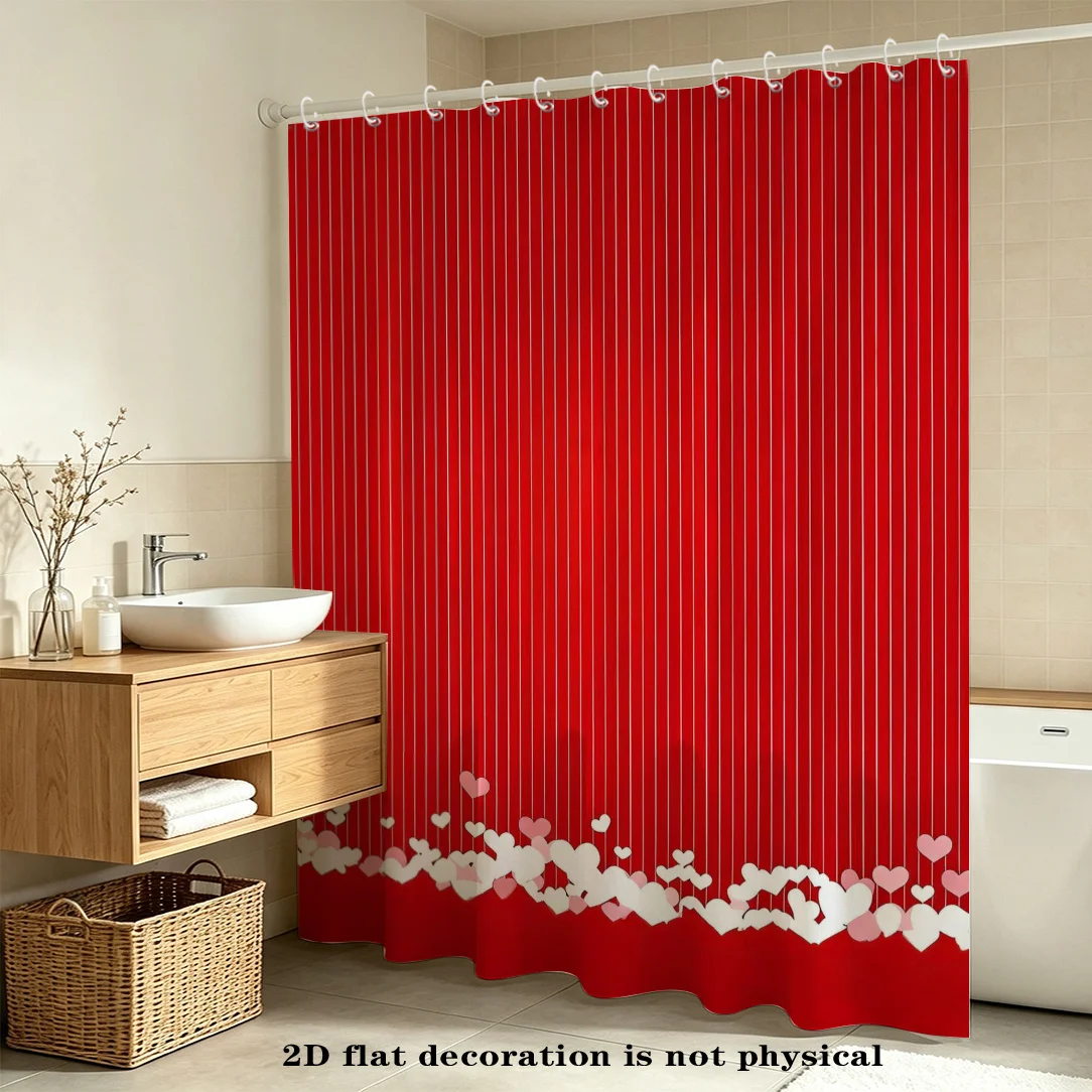 2D Flat, 2D Flat, 2D Flat Shower Curtain 1pc Easy Red Christmas Pattern Curtain, Home Decor, Bathroom Daily Item, with Hook, Can