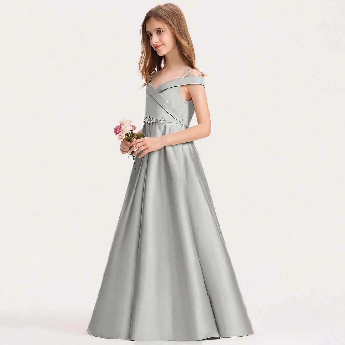 YZYmanualroom Satin Junior Bridesmaid Dress Ball-Gown Princess Cold Shoulder Floor-Length 2-15T