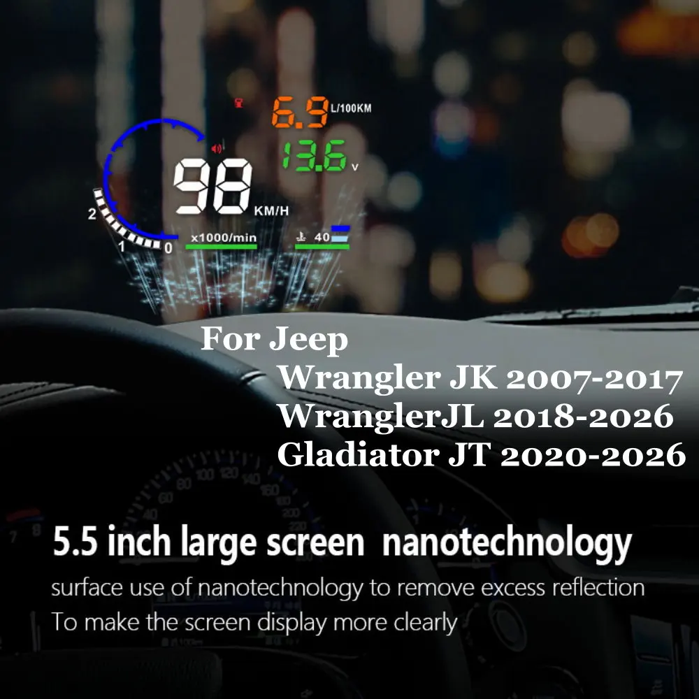 Car HUD Head Up Display LED Windshield Projection For Jeep Wrangler JK 2007-2017 JL 2018-2026 Gladiator JT 2020-2026