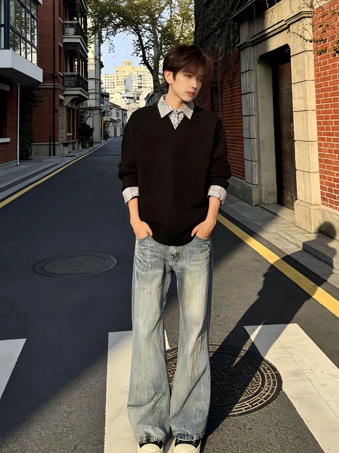 Washed Blue Lightning Pattern Men's Jeans mid Waist Straight Leg Loose Fit Summer Casual Teenage Fashion Denim Pants