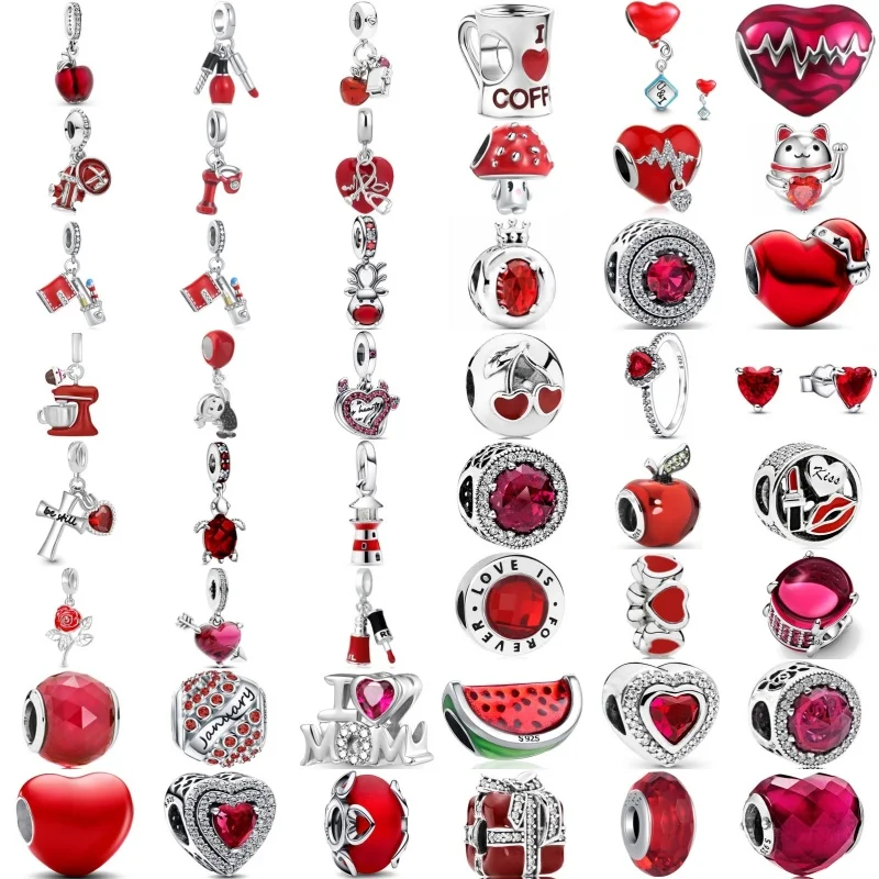 New Fine RED SERIES Apple Heart watermelon Machine Cross Dangle Charms Fit Original Pandora Bracelet DIY Accessories