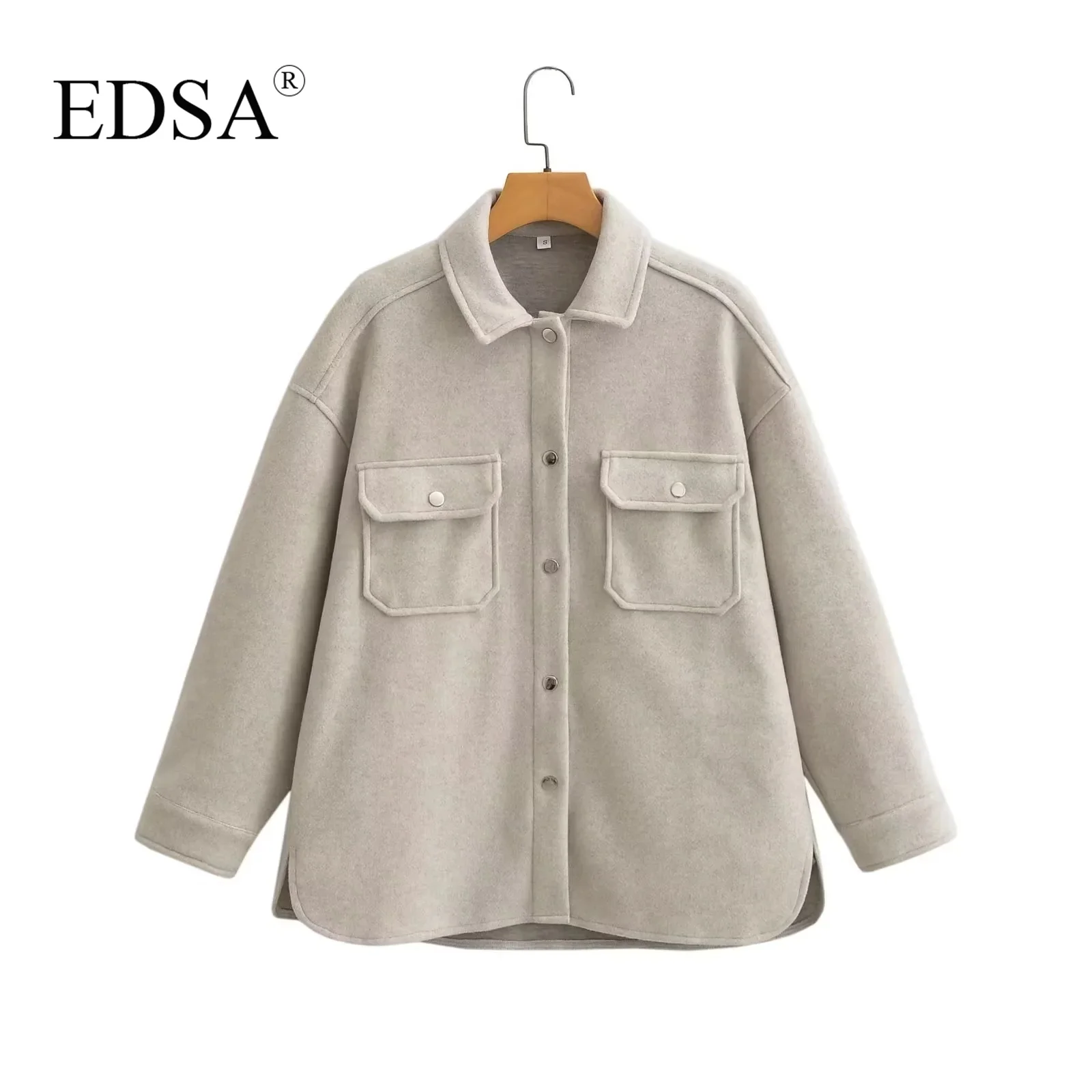 EDSA Women Shirt  Jacket with Flap Pockets for Autumn Winter Long Sleeves Thick Warm Coat Female Vintage Outerwear