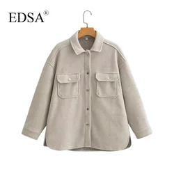 EDSA Women Shirt  Jacket with Flap Pockets for Autumn Winter Long Sleeves Thick Warm Coat Female Vintage Outerwear