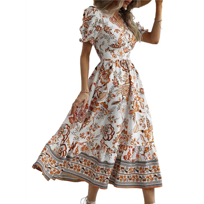 Robe longue et fluide pour femmes, manches bouffantes, style Boho, imprimé Floral, décontractée, été 2025