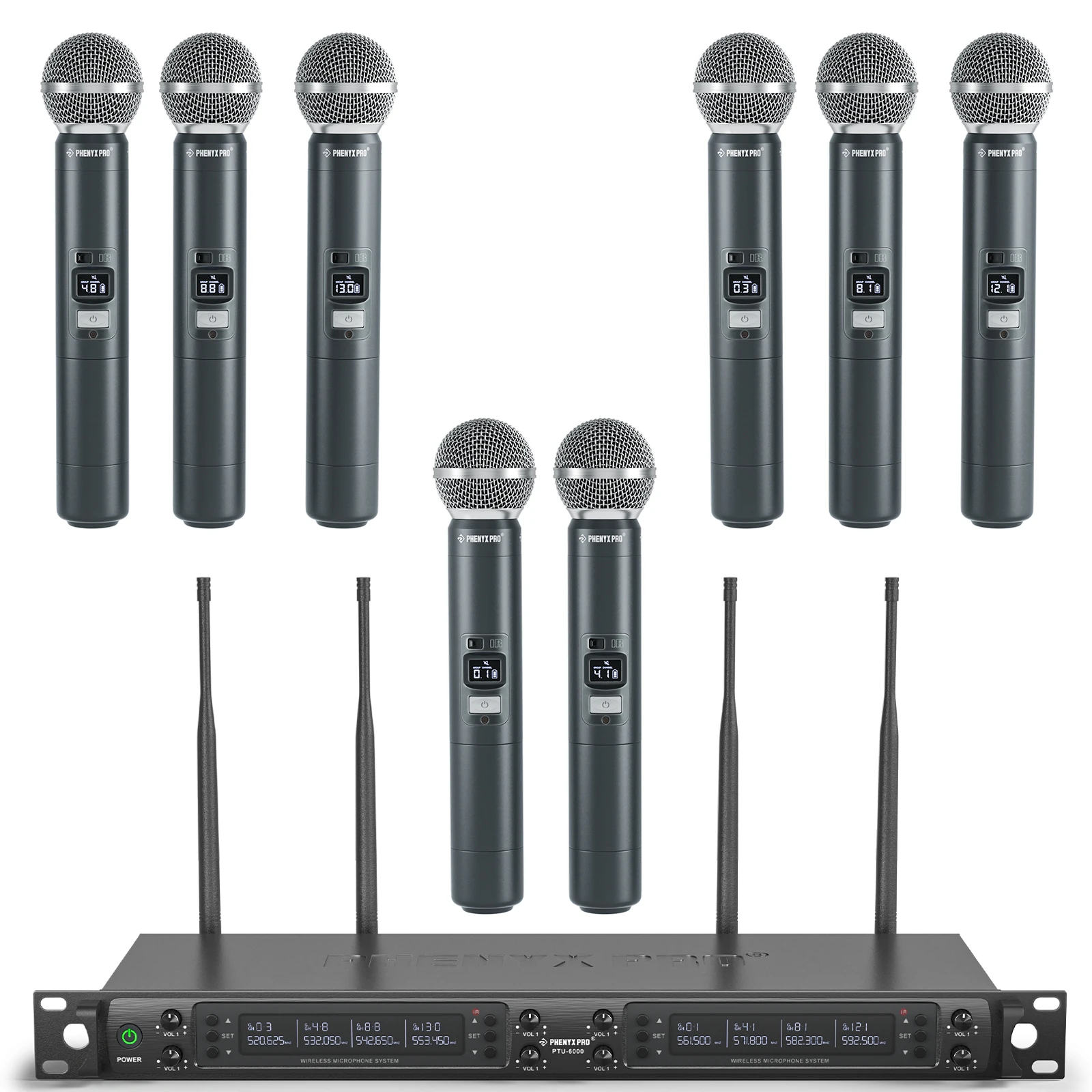 Sistema de micrófono inalámbrico UHF de 8 canales, micrófonos dinámicos de mano de metal, alcance de 328 pies, micrófonos para cantar, iglesia, Karaoke (PTU-6000-8H)