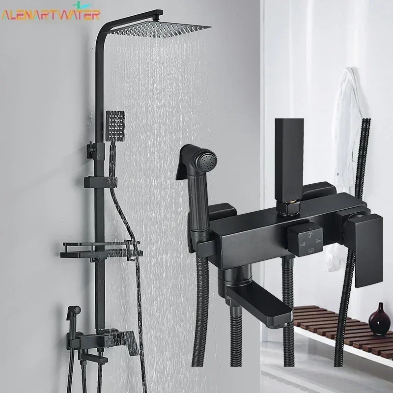 Brass Shower Faucets Bathroom  Mixer Crane Bidet Faucet Rainfall  Set  Spray With Shelf,Black/Chrome