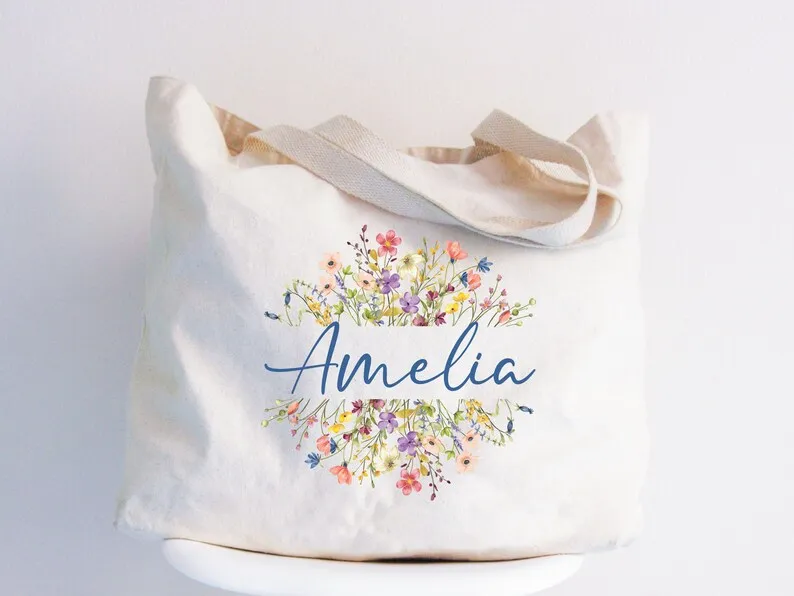 

Personalized Floral Tote Bag Lady Custom Birthday Gift Canvas Bags Customized Wildflower Tote Bridal Gift Birthday Present Bags