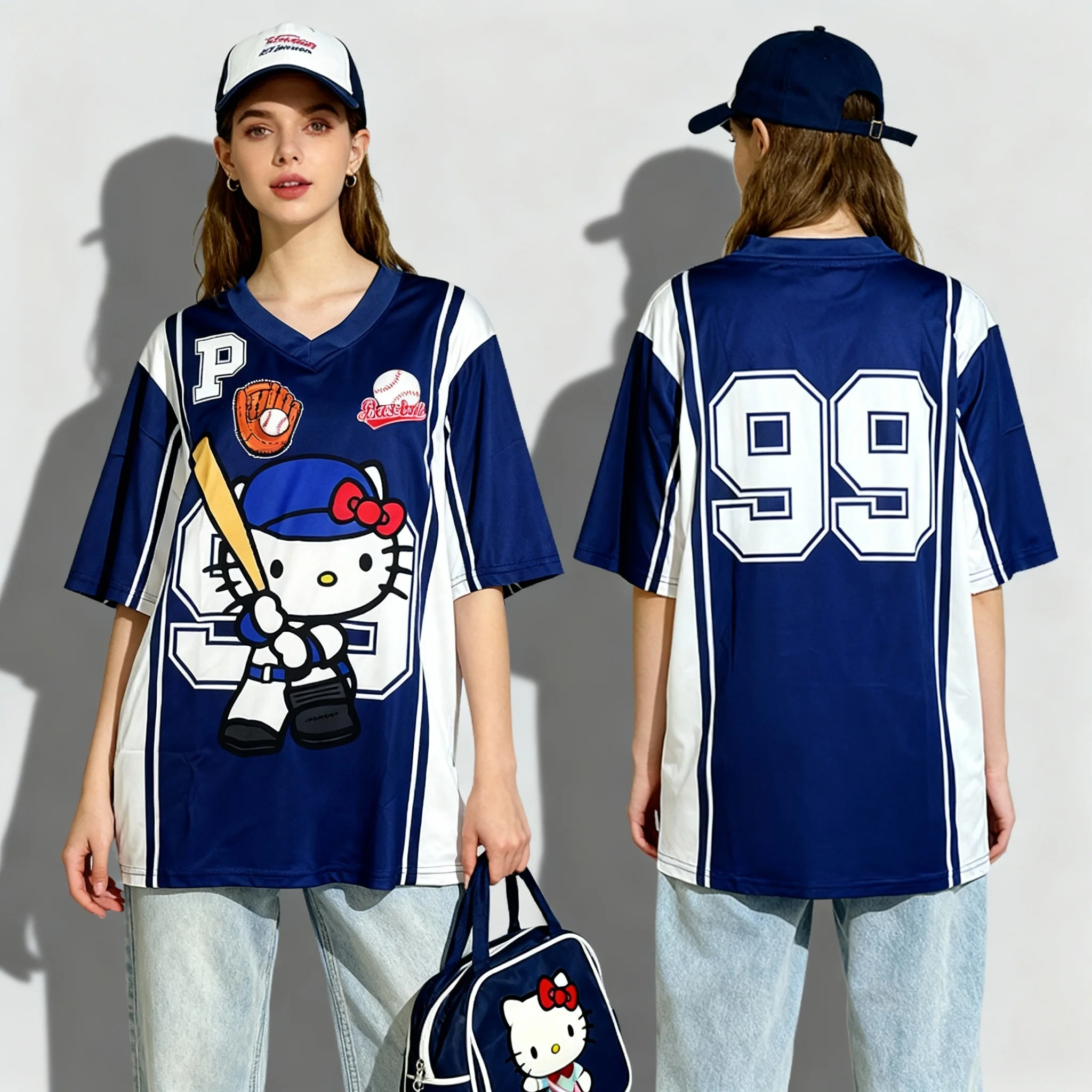Camicia da baseball Sanrio Family Hello Kitty T-shirt estiva da strada americana dolce e fresca T-shirt da donna oversize per adulti Nuovo stile
