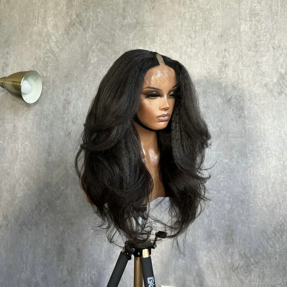 

Black Women's Yaki Body Wave 1*4 Size U Part Wig Human Hair with Clips Glueless 180Density Natural Black Adjustable Easy Wear