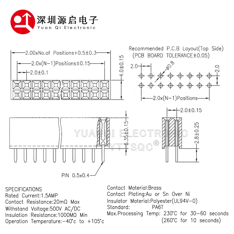 10pcs 2.0mm Double Row Straight Female 2-40P Pin Header Socket Connector 2x2/3/4/5/6/7/8/9/10/12/14/15/20/25Pin PH=4.3MM/6.35MM