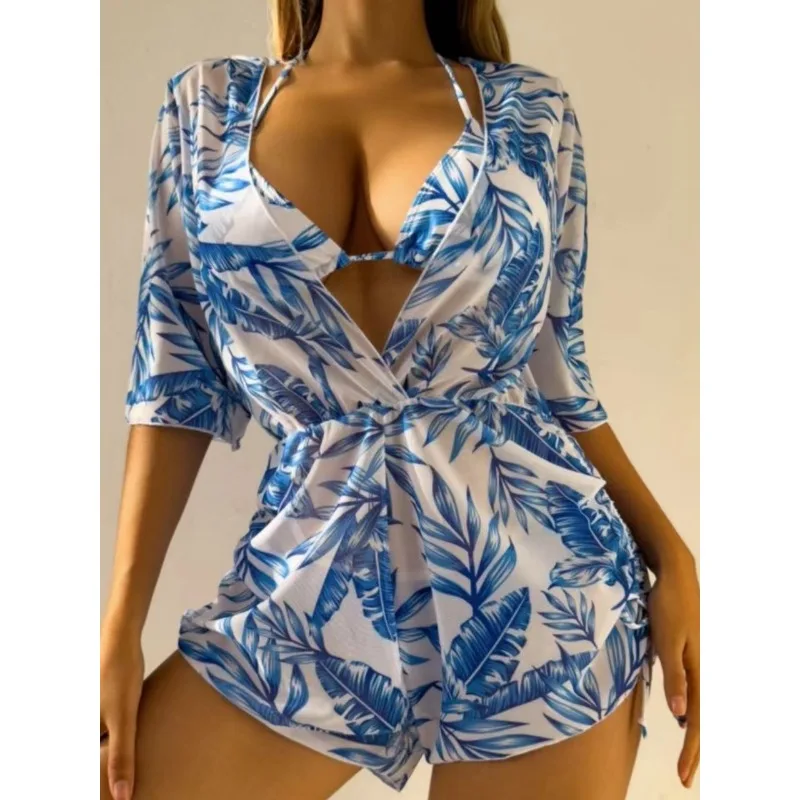 3 Pieces Bikini Tropical Print Swimsuit Halter Drawstring Side Swimwear Women 2026 Bathing Suit Female Swimming Summer Beachwear