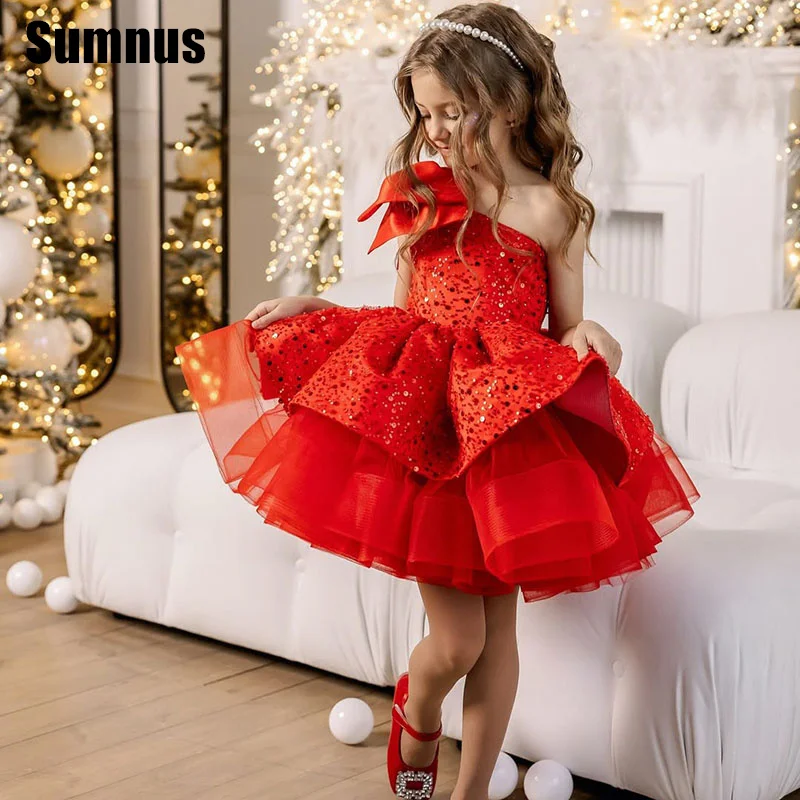 

SUMNUS Red A-Line Flower Girl Dresses Sequin Cute Bows Knee-Length Sleeveless One Shoulder Wedding Occasion Gowns Customized