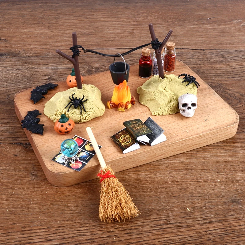 1Set 1:12 Dollhouse Miniature Halloween Horror Decor Toy Bat Skull Head  Broom Spider Pumpkin Head Magic Book Ornament DIY Toy