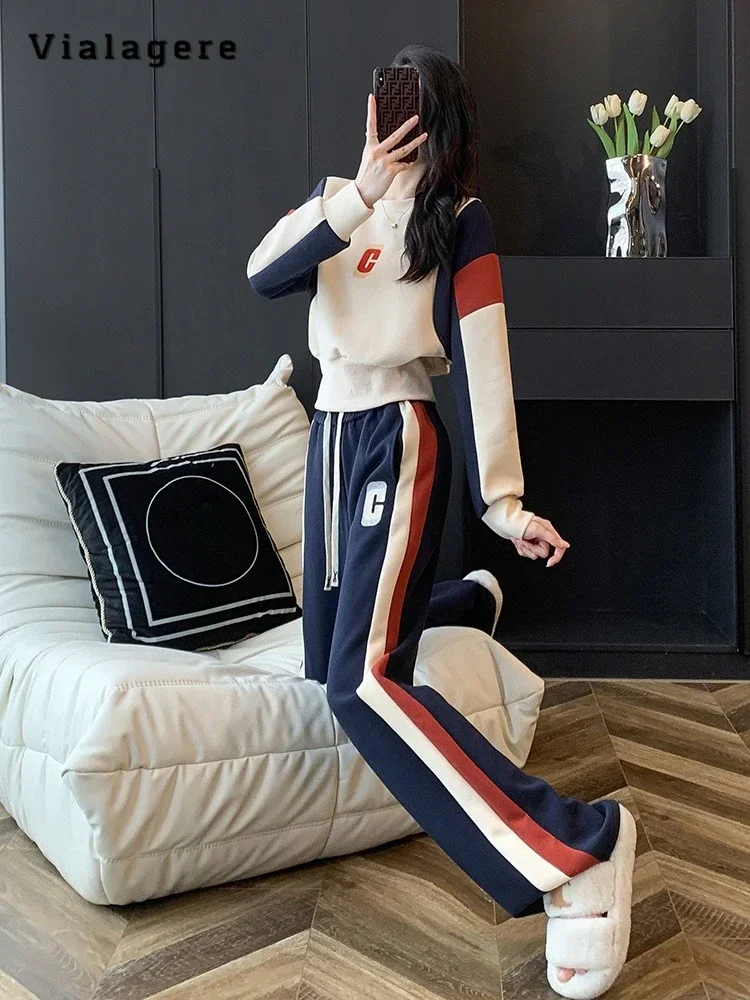 Autumn Winter Autumn  Sporty Style Two-piece Set Women Long Sleeve Patchwork Top+Drawstring Trousers American Retro Pants Suits