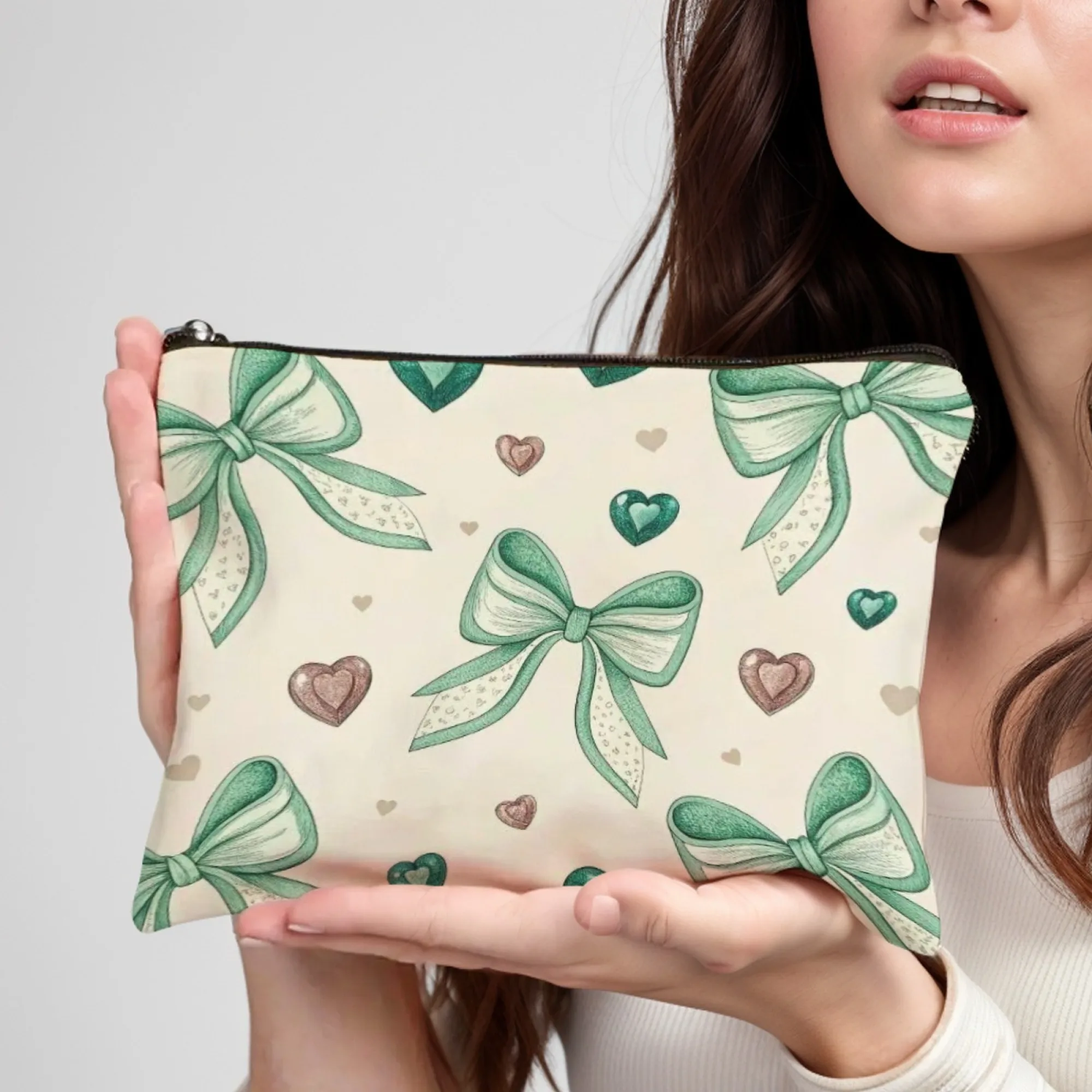 Girly Green Bow & Heart Print Cosmetic Pouch Elegant Zippered Makeup Bag Organizer for Feminine Daily Use & Travel Ideal Gift